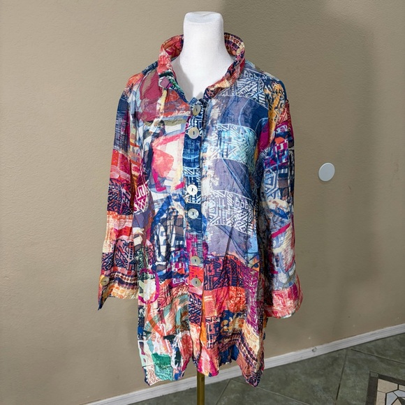 Ali Miles Tops - Ali Miles Top Women's 2X Multi Artsy Graphic Tropical Floral Button Front Boho